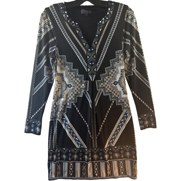 Hale Bob S Beaded Geometric Print Long Sleeve V-Neck Black Tunic Dress Womens - Picture 1 of 7